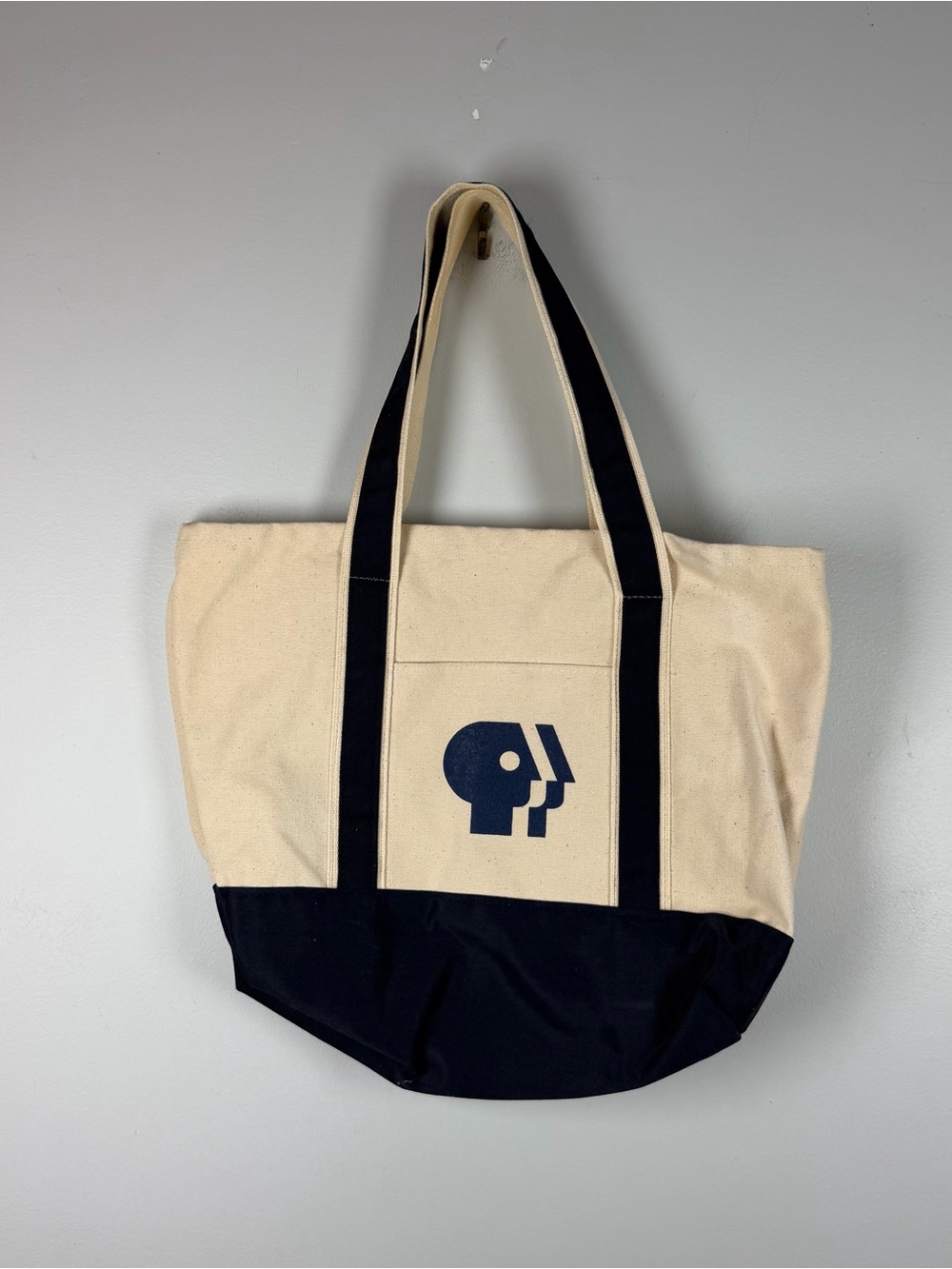 PBS Public Broadcasting Station Ivory Canvas Tote Market Bag Navy Logo Travel